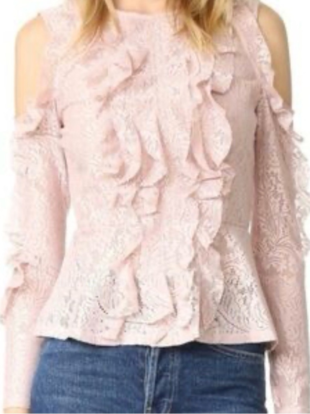 BCBGMaxAzria Lace Ruffle Blouse in Light Blush
